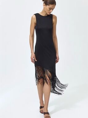 NWT H&M Black Jersey Dress Size M Calf-Length Asymmetrical Fringe